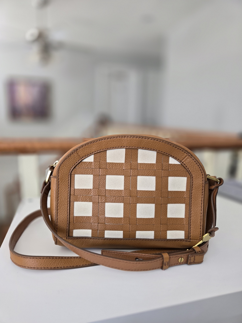 Fossil Tan and White Woven Leather Crossbody